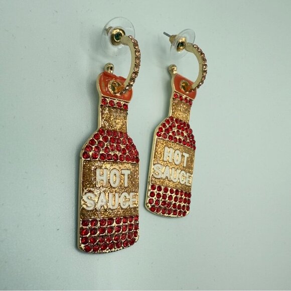 Hot Sauce Bottle Statement Earrings Red and Gold Sparkly Rhinestones - Picture 2 of 9